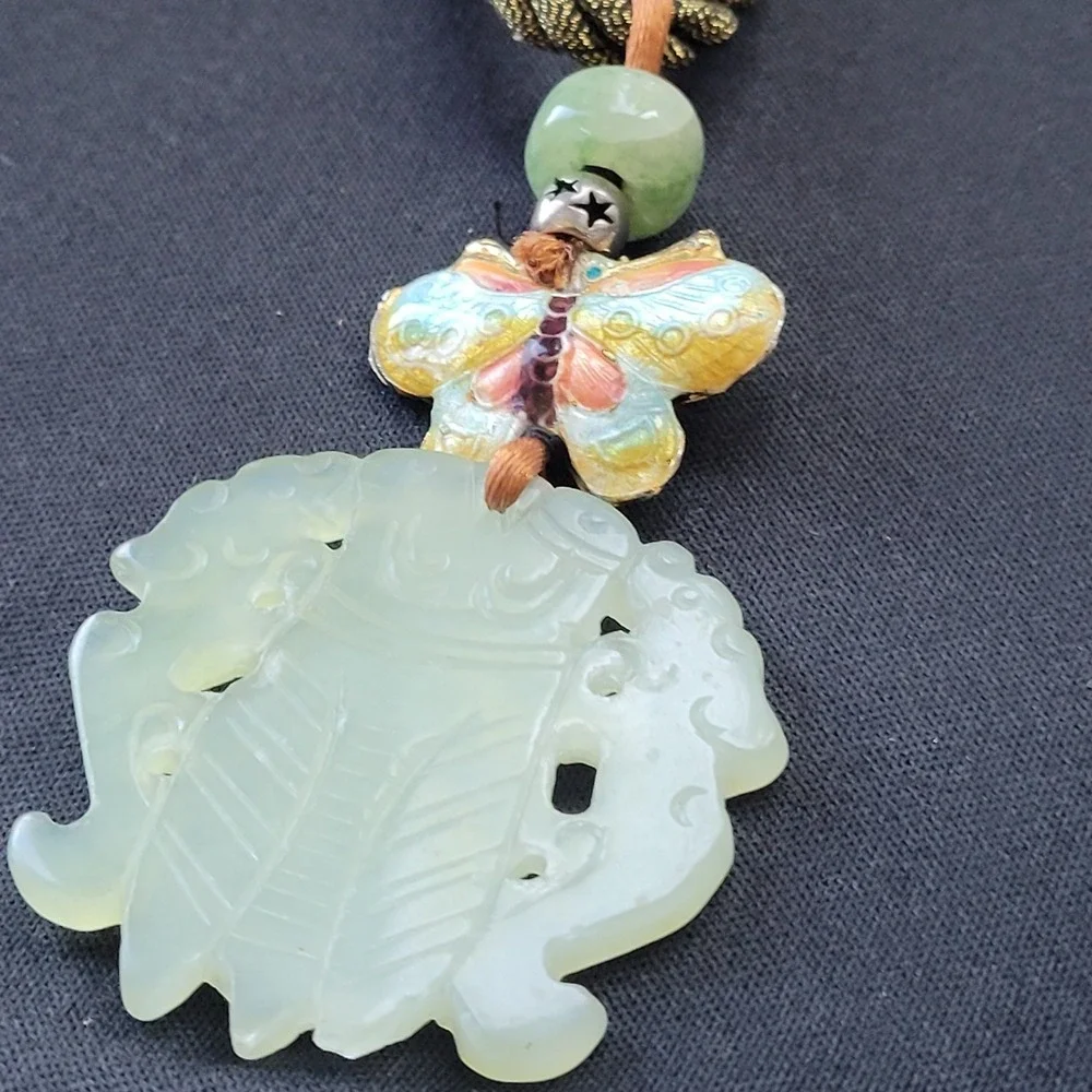 Vintage Chinese Carved Jade Cicada Pendant Cloisonne Butterfly Silk Cord